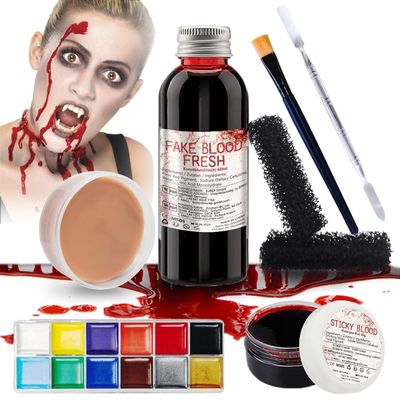 Professional Halloween SFX Special Effects Makeup Kits, Fake Blood, Scab Coagulated Blood Gel, 12 Colors Face Body Paint, Wound Modeling Scar Wax With Spatula Tool, Brushes, Stipple Sponge, Adhesive