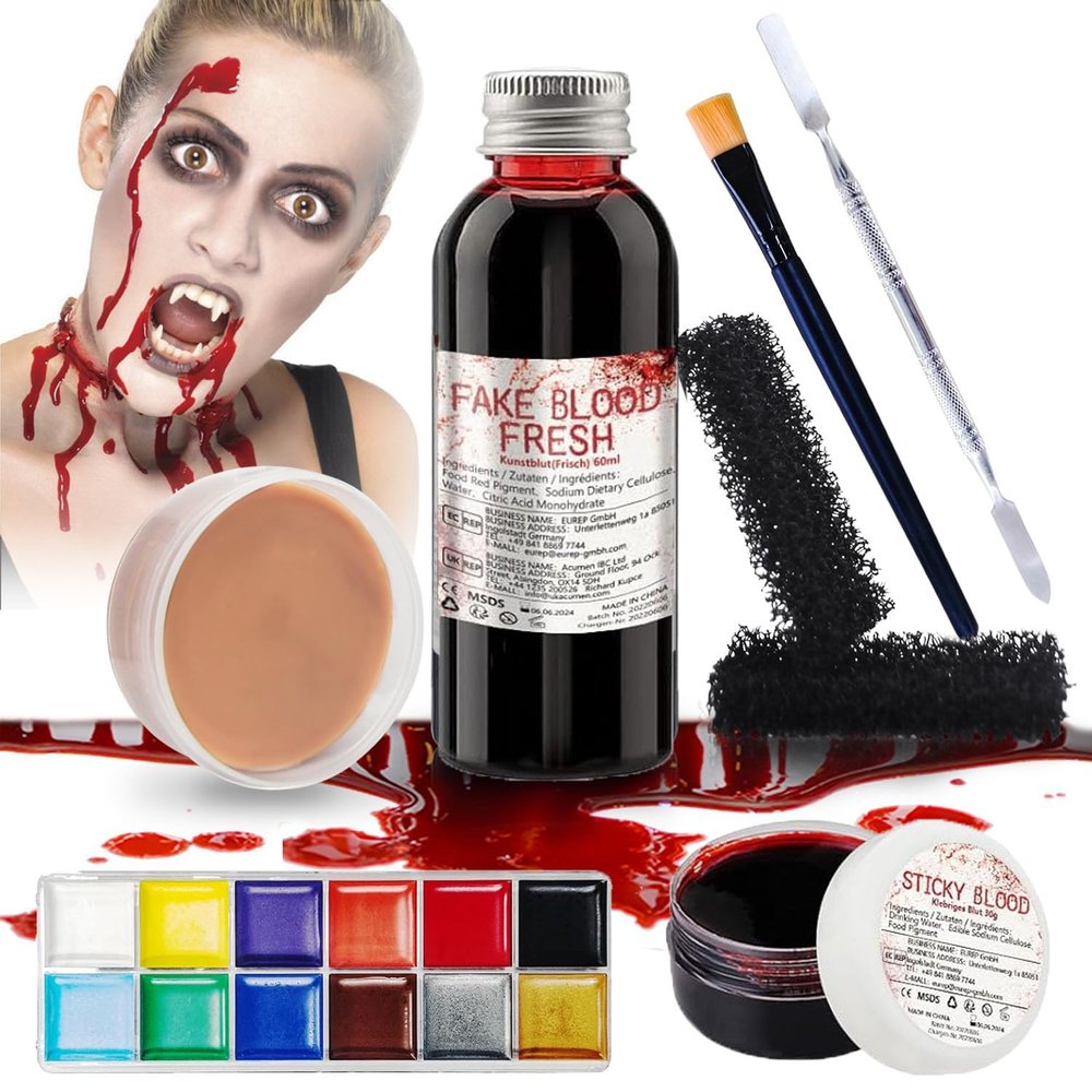 Professional Halloween SFX Special Effects Makeup Kits, Fake Blood, Scab Coagulated Blood Gel, 12 Colors Face Body Paint, Wound Modeling Scar Wax With Spatula Tool, Brushes, Stipple Sponge, Adhesive