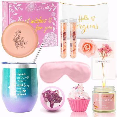 Birthday Gifts for Women-Best Relaxing Spa Gift Box Basket for Wife Mom Sister Girlfriend Daughter Best Friend Mother-Happy Birthday Gifts for Women -Unique Wine Tumbler Spa Bath Set (Rose Gold)