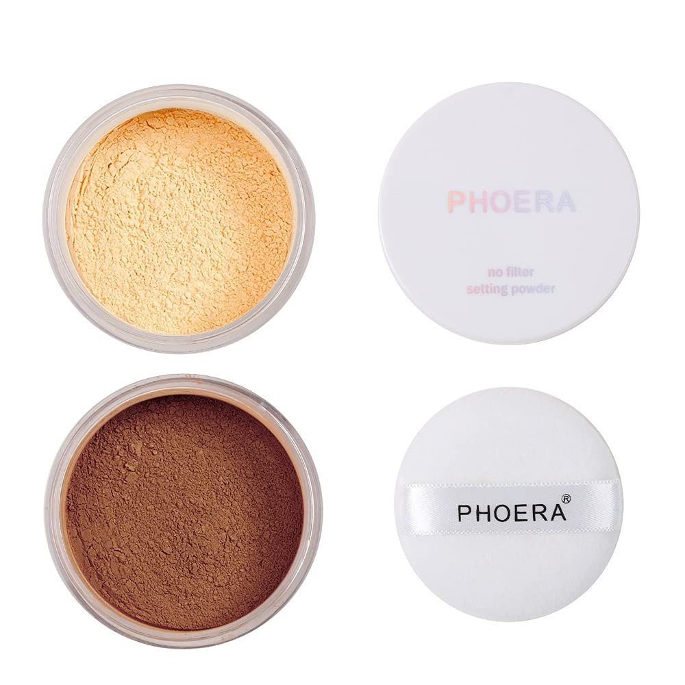 2 Pcs PHOERA Setting Powder, Control Oil Brighten Skin Color Cover Blemish Face Setting Loose Powder (03# BANANA & 04# Medium Deep)