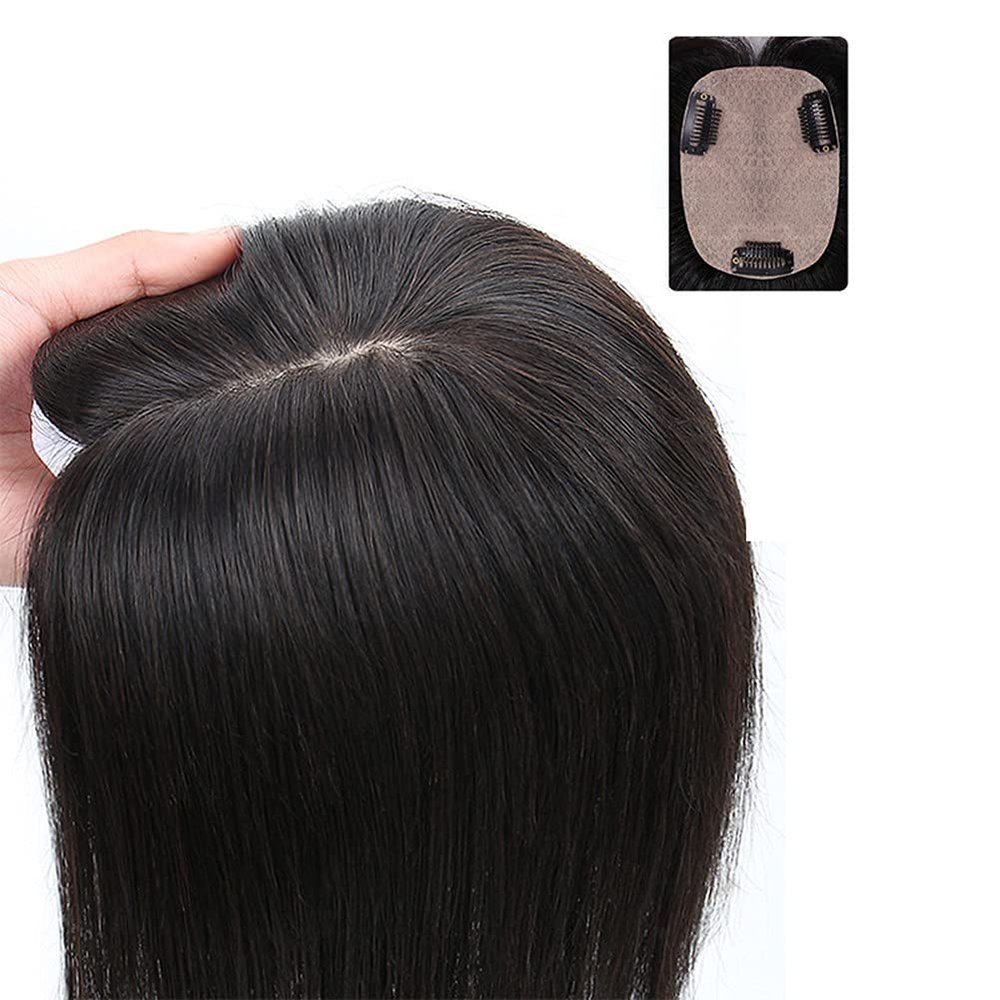 RemeeHi Clip in Silk Base Hair Topper Human Hair for Women Thin Clip on Top Hairpiece Small Toupee for Thinning Hair 8x14 Dark Brown 14 Inch