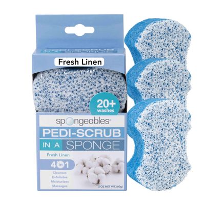 Spongeables Pedi-Scrub Foot Buffer, The Soap is in the Sponge, Contains Tea Tree Oil, Foot Exfoliating Sponge with Heel Buffer and Pedicure Oil, 20+ Washes, Fresh Linen Scent, 2 oz Sponge, Pack of 3