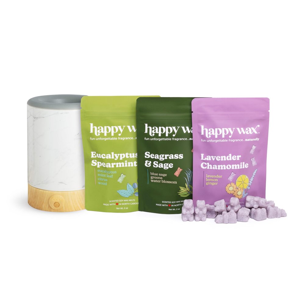Happy Wax Marble Signature Warmer and Wax Melts Kit (Spa) - Includes: Eucalyptus Spearmint, Seagrass & Sage and Lavender Chamomile