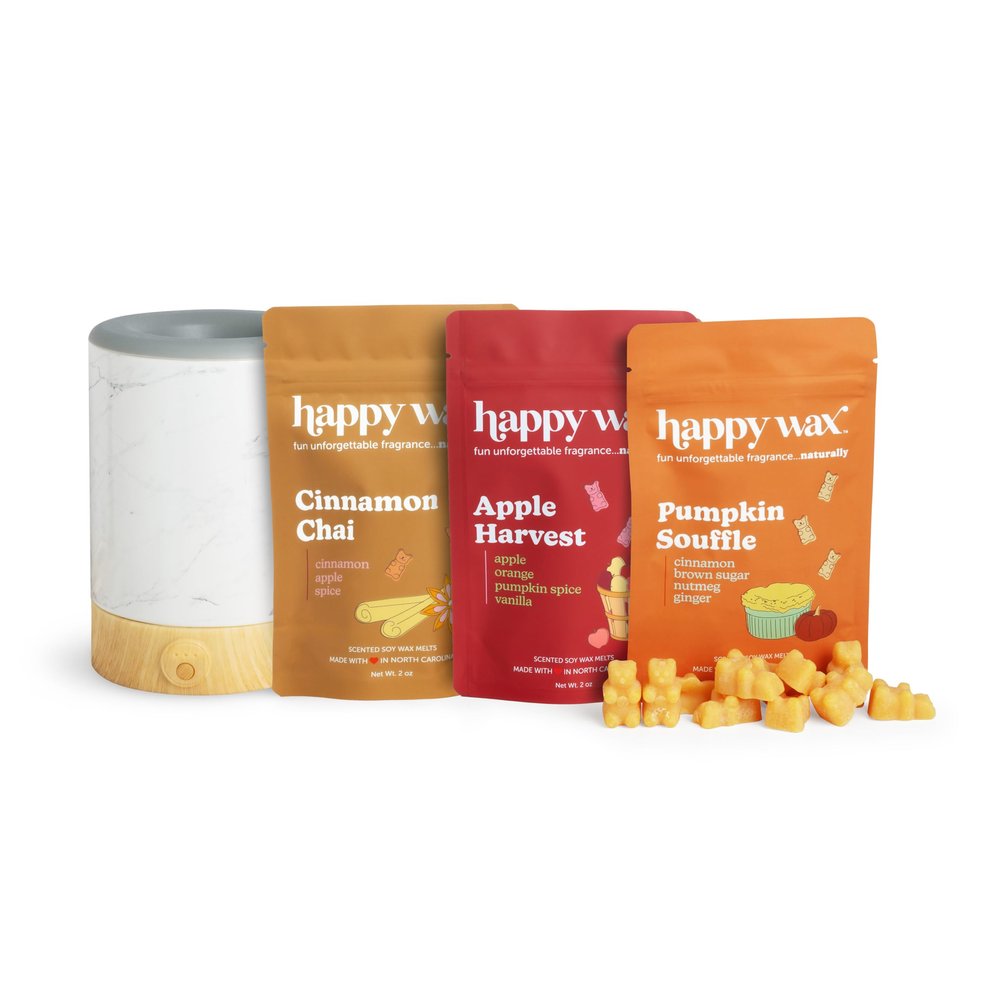 Happy Wax Marble Signature Warmer and Wax Melts Kit (Savory) - Includes: Cinnamon Chai, Apple Harvest and Pumpkin Souffle