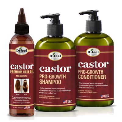 Difeel Pro-Growth Hair Care Set with Castor Oil - 3-PC Style: Shampoo & Conditioner 12oz EACH, & Hair Oil 8oz