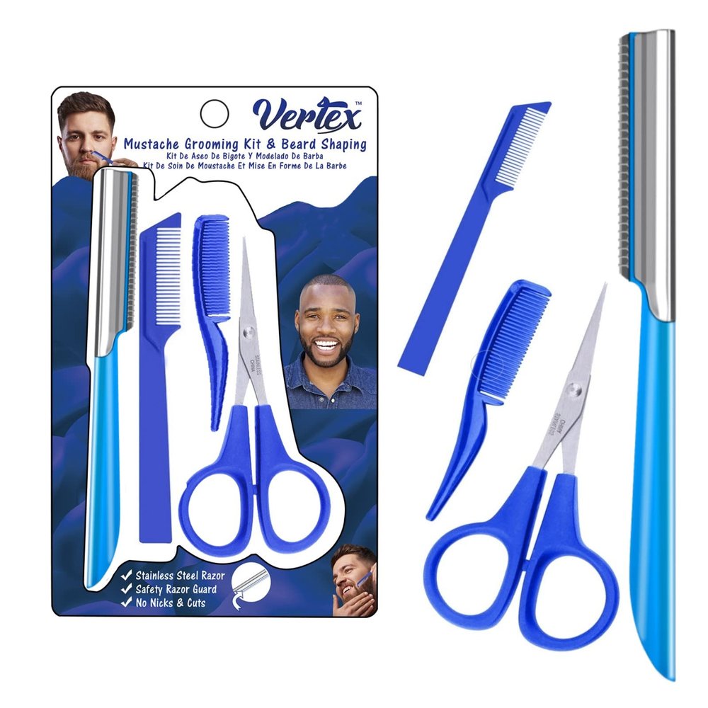 Mustache Scissors Grooming Kit Comb - Movember Travel Razor Mens Beard Trimmer Straight Edge Stainless Steel Shaping Tool For Men After Black Color Dye Goatee Shaper Clippers Balm Combs Wash Brush