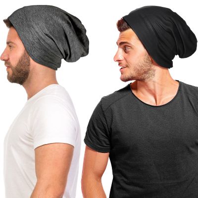 Geyoga 2 Pcs Adjustable Silk Satin Bonnet for Sleeping Men Silk Satin Beanie with Adjustable Elastic Band for Curly Hair(Black, Dark Grey)