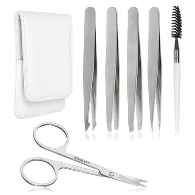 Precision Eyebrow Tweezers Set Pack of 6 for Women Ingrown Facial Hair Removal Pointed Tweezers Scissors Brush Kit for Splinter with Leather Case Gift