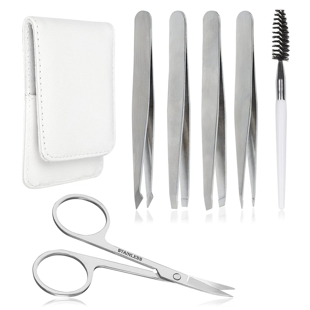 Precision Eyebrow Tweezers Set Pack of 6 for Women Ingrown Facial Hair Removal Pointed Tweezers Scissors Brush Kit for Splinter with Leather Case Gift