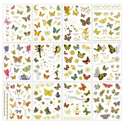 12 pieces of butterfly Metallic Temporary Tattoos stickers for Kids Teens Adults and Items Decoration (butterfly) Gold,Laser