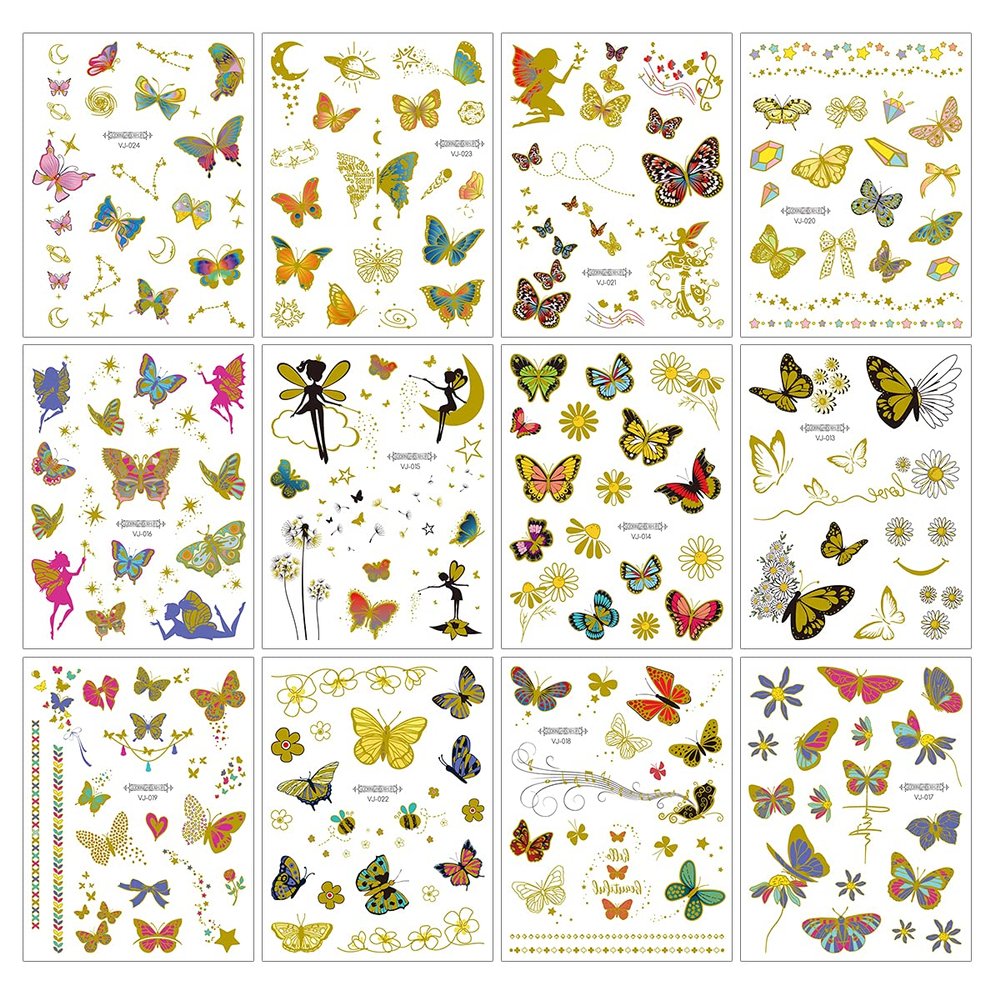12 pieces of butterfly Metallic Temporary Tattoos stickers for Kids Teens Adults and Items Decoration (butterfly) Gold,Laser