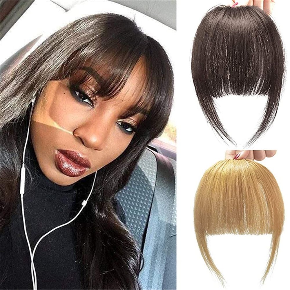 Human Hair Clip in Bangs Hair Extensions with Side Temples Flat Bang Fringe Hairpiece for Women, 4#
