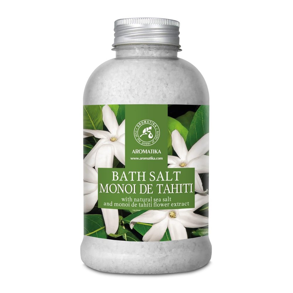 AROMATIKA Bath Salt Monoi de Tahiti 21.16 Oz (600g) - Coconut and Gardenia Flowers Scent - Relaxing Bath - Good Sleep - Aromatherapy - Sea Salt Bath