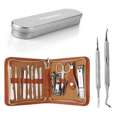 FAMILIFE F03 13pcs Manicure Set and L07 100% Stainless Steel Ingrown Toenail File and Lifter Double Sided with Storage Case (Ingrown Toenail File)