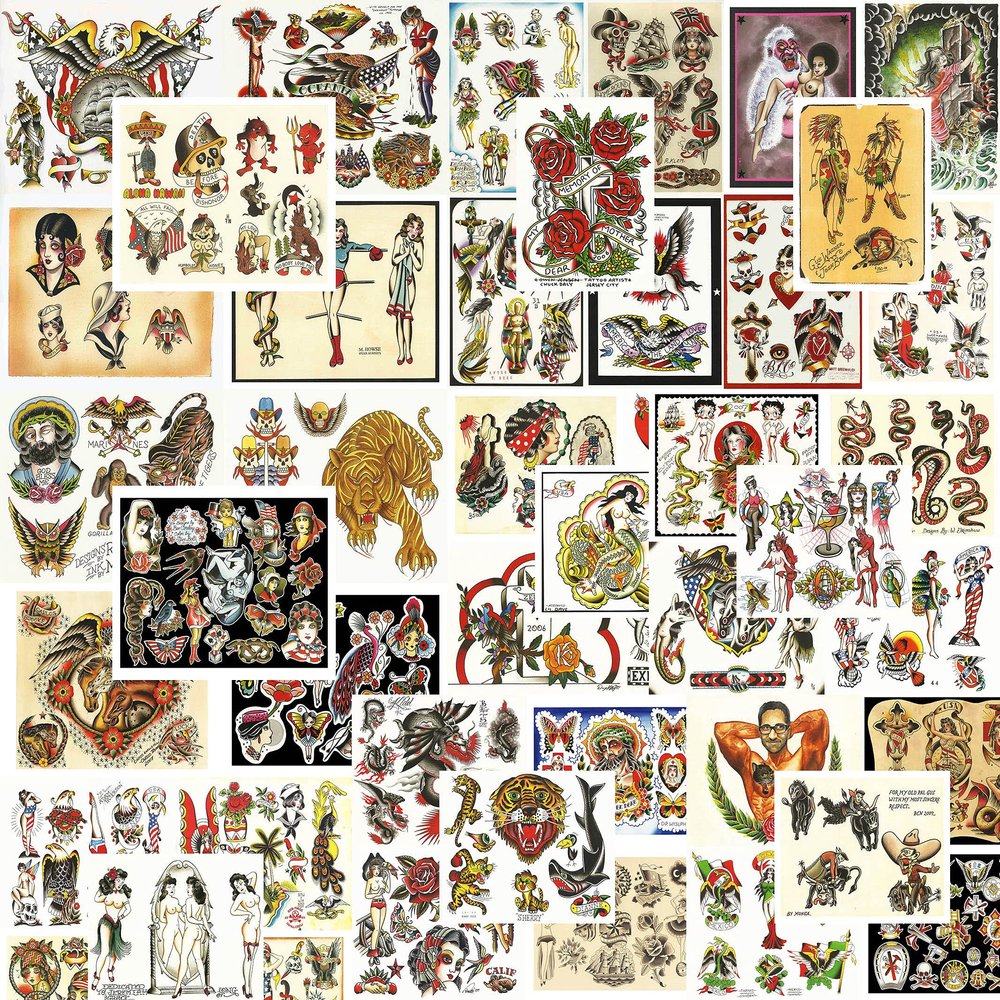 Traditional, Vintage, Old School Style Tattoo Flash Collection, 47 Sheets 11x14