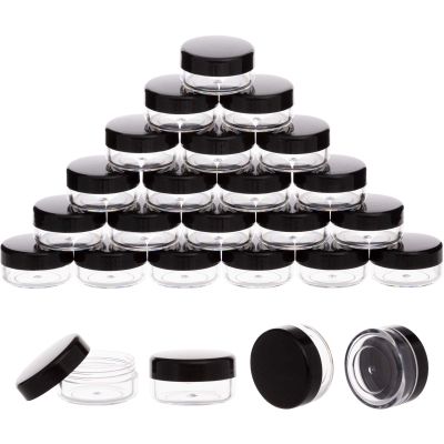 100 Pack 3 Gram Sample Containers with Lids, 3ml Mini Sample Jars, Tiny Plastic Cosmetic Containers for Lip Balms, Makeup, Lotion, Eye Shadow, Powder, and Lip Balms (Black Lids)