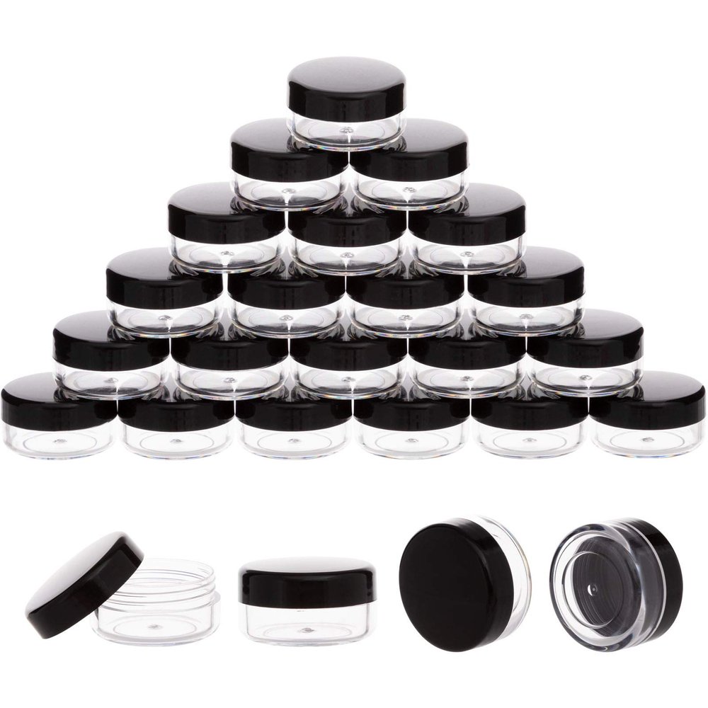 100 Pack 3 Gram Sample Containers with Lids, 3ml Mini Sample Jars, Tiny Plastic Cosmetic Containers for Lip Balms, Makeup, Lotion, Eye Shadow, Powder, and Lip Balms (Black Lids)