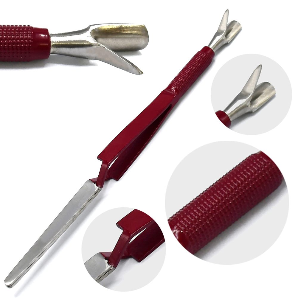 AAProTools Nail Pinching Cuticle Pusher Stainless Steel C-Curve Pincher Cuticle Cutter Gel Nail Acrylic Remover Pro Multi Function Nail Shaping Cleaner Tweezers Double End Manicure Tools (Maroon)