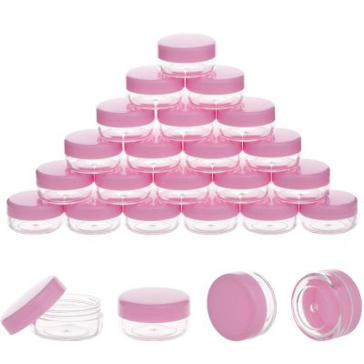 100 Pack 3 Gram Sample Containers with Lids, 3ml Mini Sample Jars, Tiny Plastic Cosmetic Containers for Lip Balms, Makeup, Lotion, Eye Shadow, Powder, and Lip Balms (Pink Lids)