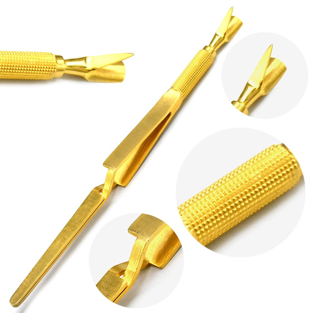 AAProTools Nail Pinching Cuticle Pusher Stainless Steel C-Curve Pincher Cuticle Cutter Gel Nail Acrylic Remover Pro Multi Function Nail Shaping Cleaner Tweezers Double End Manicure Tools (Gold)