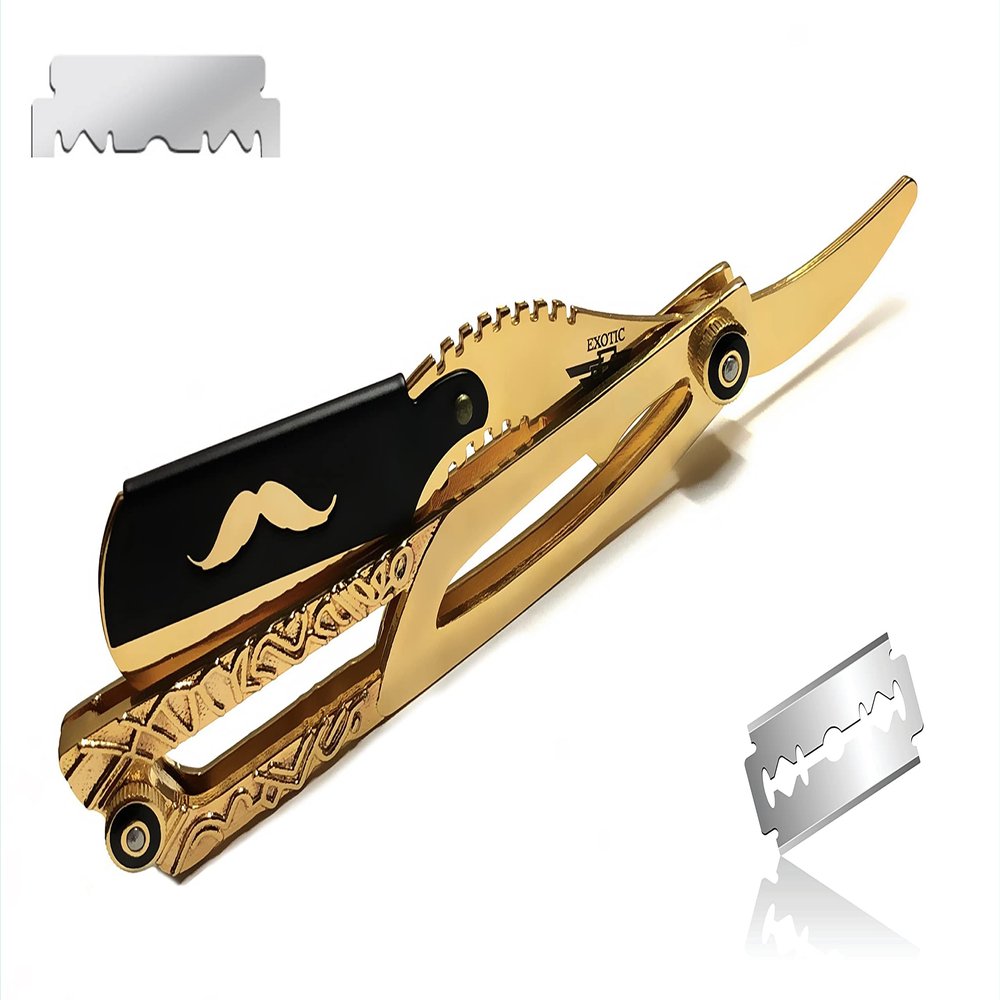 Gold and Black Straight Edge Razor For Barbershop and Personal Use  All Purpose Hair Shaving Razor  Durable Stainless Steel Finished in Gold  Classic Style Folding Razor with Double Edge Blade