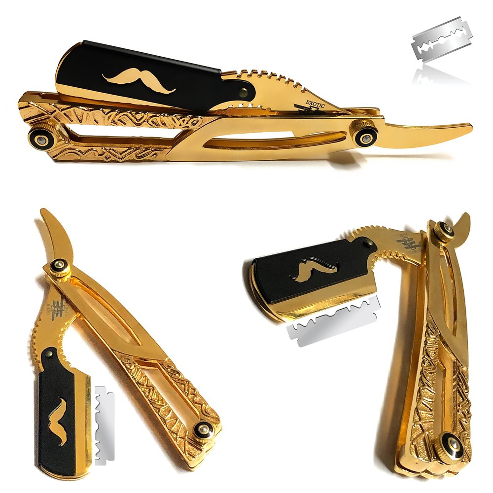 Gold Platted Barber Straight Edge Professional Shaving Razor Blade  Grooming / Hair Shaving tool for Shape-ups Beard Mustache Eyebrows Sideburns Forehead and More  Classic Folding Shaver