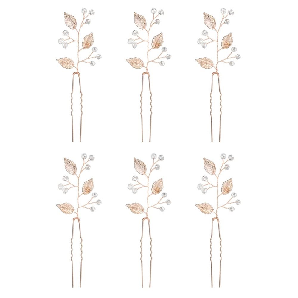 Bridal Crystal Hair Pins, 6pcs Rhinestones Leaves Wedding Hair Pins U Shaped Bridal Hairpins Headpiece Party Headdress for Women and Girls