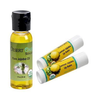 100% Pure Organic Jojoba Oil. Travel Size 1 oz plus 2 Pack Organic Lemon Lip Balms with over 70% Jojoba Oil. 100% Natural. By Desert Oasis Skincare (1 fl oz/29 ml)