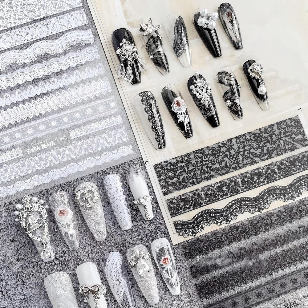 4 Colors ins Minimalist Style Nail Stickers, Lace Bridal Wedding Nail Art Sticker for Man Woman (4 Sheets)