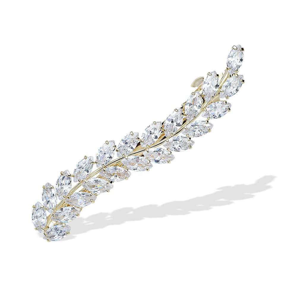 Sparkly Crystal Flower Leaf Hair Barrette Hair Clips Hair Pins for Women Bridal Wedding Prom Party Hair Accessaries (Gold Curved Leaf)