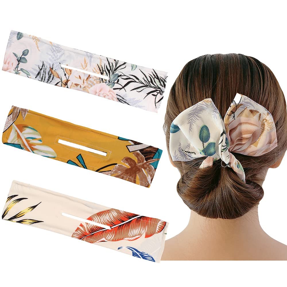 3Pcs Deft Wire Hair Clips for Fast Chignon & Bun Hairstyles - Large Cloth Hair Bands, Donut Scrunchies, Bun Makers for Women Girls (Beige Yellow)