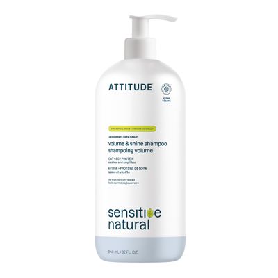 ATTITUDE Hair Shampoo for Sensitive Dry Scalp, EWG Verified, Soothing Oat, For Thin Hair, Naturally Derived Ingredients, Vegan and Plant-Based, Volume and Shine, Unscented, 32 Fl Oz