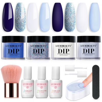 AzureBeauty Starter Dip Powder Kit, 4 Winter Glitter Blue White Navy Shades