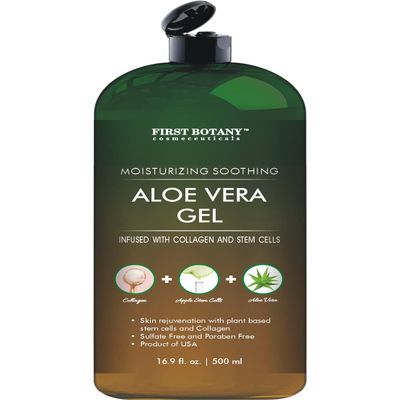 First Botany, Pure Aloe vera gel 100% Fresh Pure Aloe Infused with Stem Cells, Collagen Tea Tree Oil Natural Raw Moisturizer for Face Skin Body Hair Perfect for Sunburn, Acne, Razor Bumps 16.9 fl oz