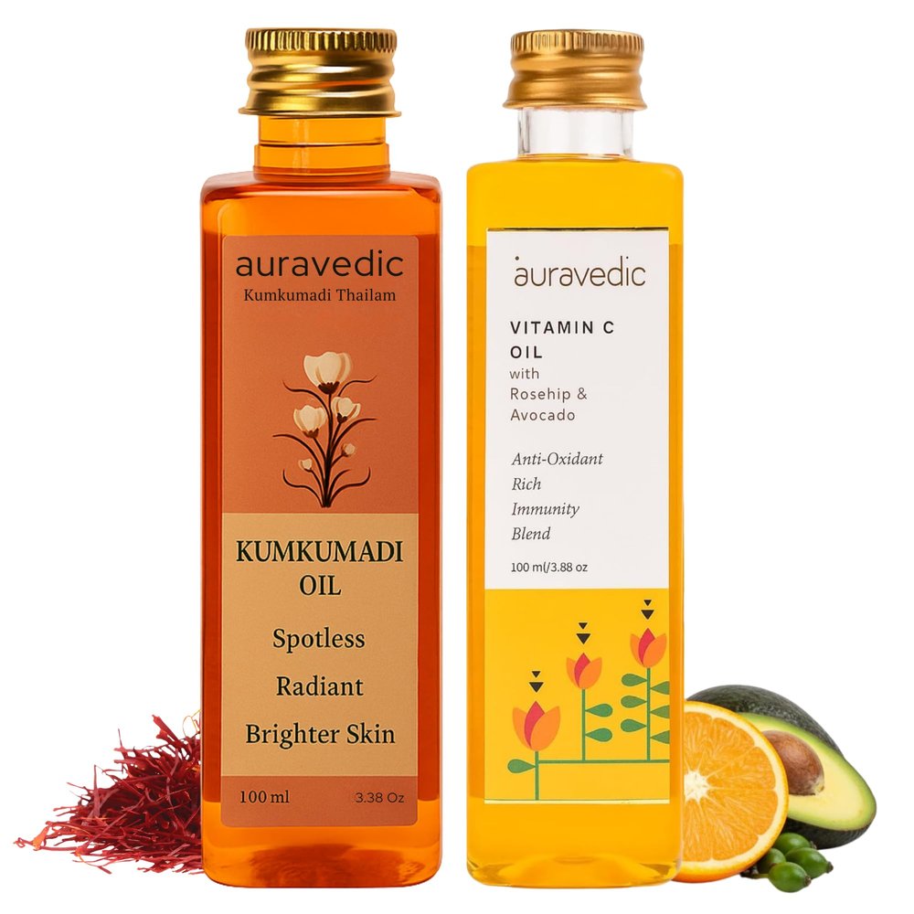 Auravedic Kumkumadi Saffron & Vitamin C Oil | Hydrating Face Moisturizer | Helps Reduce Fine Lines & Nourishes Dry, Dull Skin | Natural Facial Massage Oil | 3.38 Fl Oz (Pack of 2)