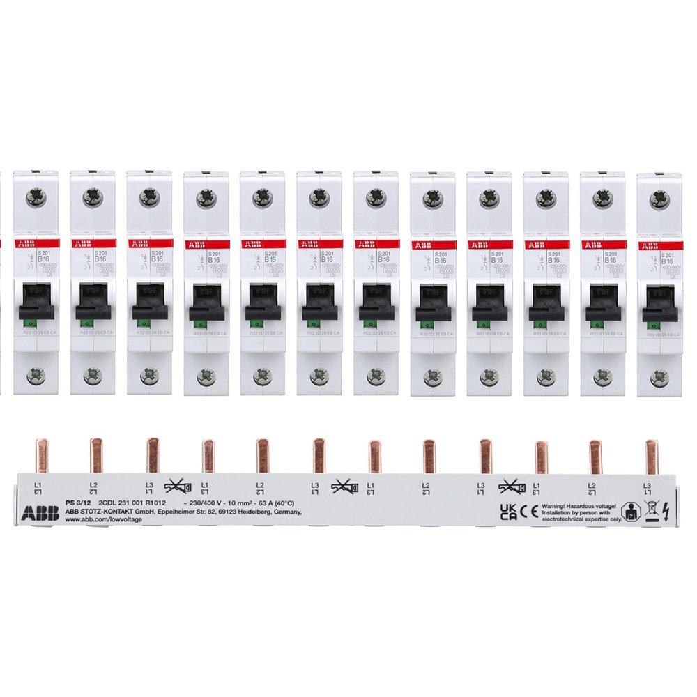 ABB Set 12x Leitungsschutzschalter S201-B16 + 1x Phasenschiene PS3/12
