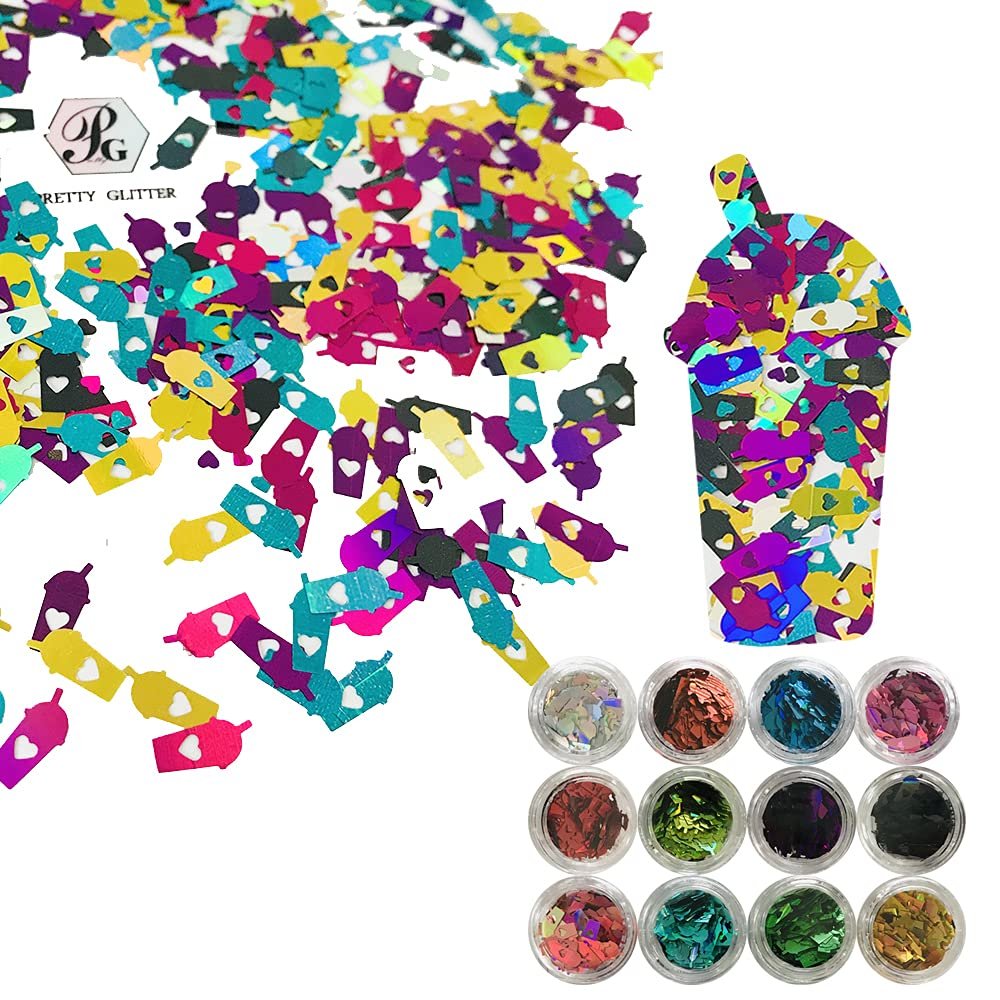 12 Colors Set - Coffee Cup Shape Sequins Holographic Glitter - Festival Rave Beauty Makeup Face Body Nail Art Decoration 12C