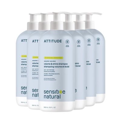 ATTITUDE Hair Shampoo for Sensitive Dry Scalp, EWG Verified, Soothing Oat, For Thin Hair, Naturally Derived Ingredients, Vegan and Plant-Based, Volume and Shine, Unscented, 32 Fl Oz (Pack of 6)