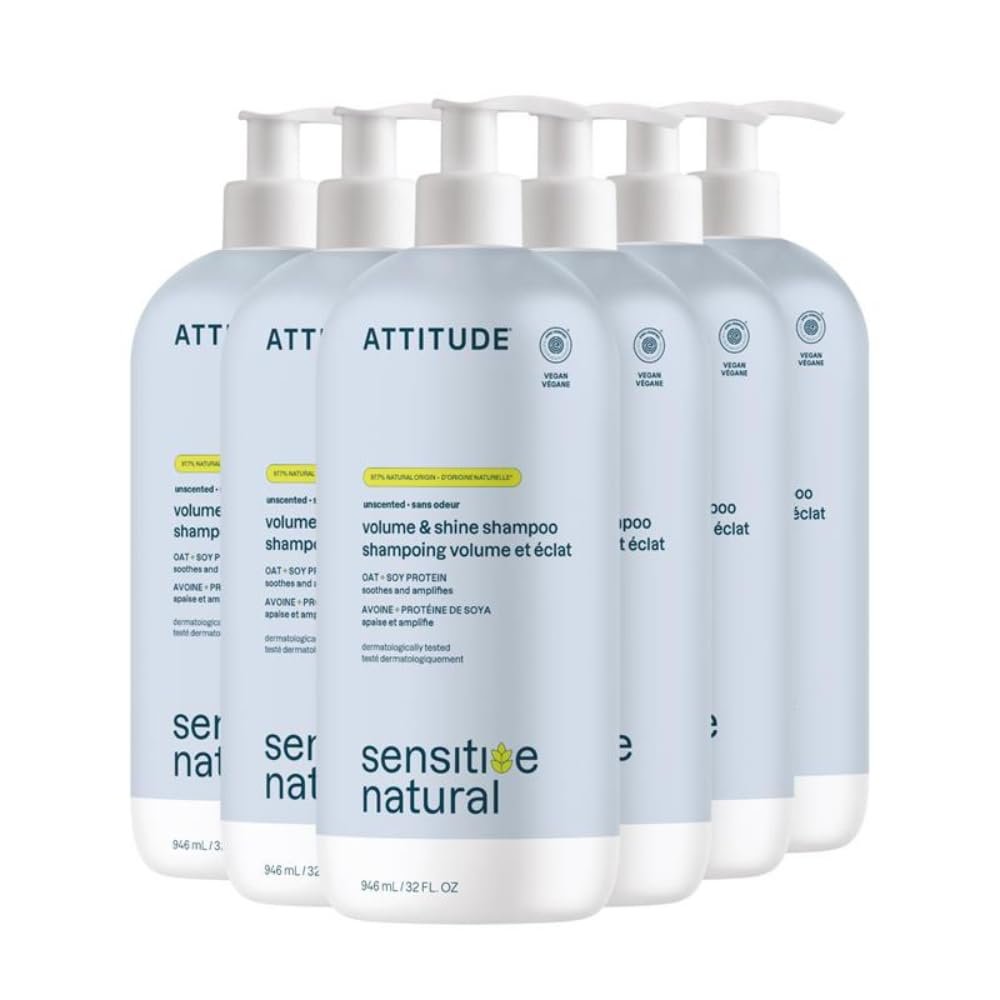 ATTITUDE Hair Shampoo for Sensitive Dry Scalp, EWG Verified, Soothing Oat, For Thin Hair, Naturally Derived Ingredients, Vegan and Plant-Based, Volume and Shine, Unscented, 32 Fl Oz (Pack of 6)