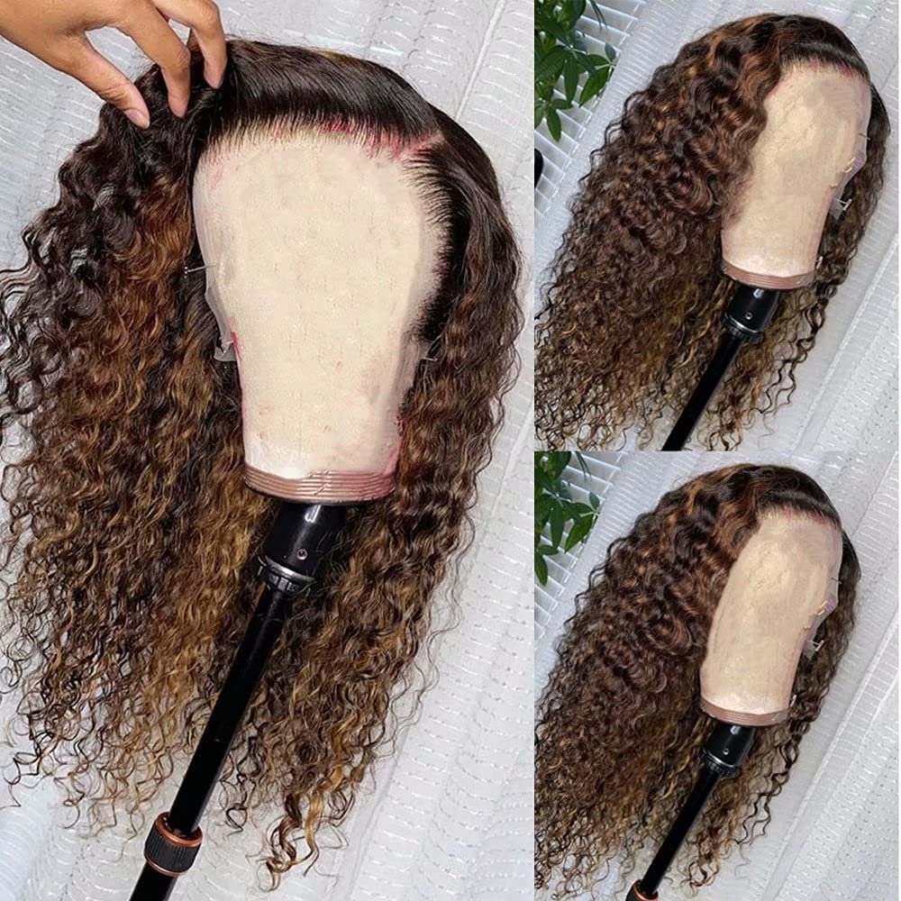 #1B/30 Highlight Curly HD Transaprent 13X6 Lace Front Wigs Human Hair Pre Plucked Bleached Knots 180% Density Deep Wave Lace Front Human Hair Wigs With Natural Hair Line For Black Woman 16Inch