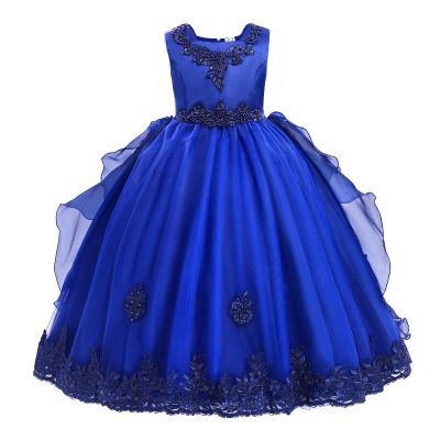 Flower Girls Sleeveless Floral Lace Tulle Princess Puffy Tulle Dress Bridesmaid Wedding Communion Party Pageant Birthday Maxi Formal Prom Evening Ball Gown for Kids Bright Royal 10-11 Years