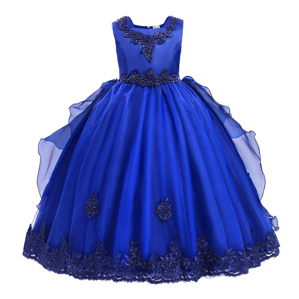Flower Girls Sleeveless Floral Lace Tulle Princess Puffy Tulle Dress Bridesmaid Wedding Communion Party Pageant Birthday Maxi Formal Prom Evening Ball Gown for Kids Bright Royal 10-11 Years