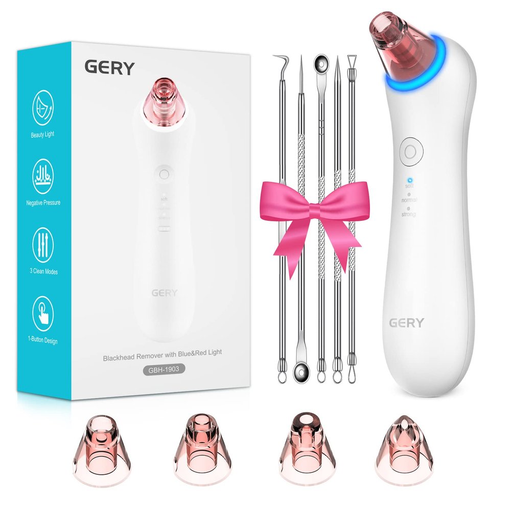 GERY Blackhead Remover Vacuum Pore Extractor Black Head Remover for Face Blackhead Extractor Pore Vacuum Pimple Extractor Skin Tag Remover Tool Pore Cleaner with Red&blue light 3 Modes 4 Suction Heads