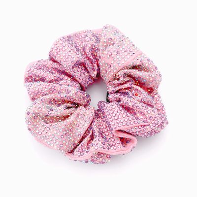 Embellished Sparkly Pink Crystal Scrunchie Hair Tie Ponytail Holder Accessory for Women