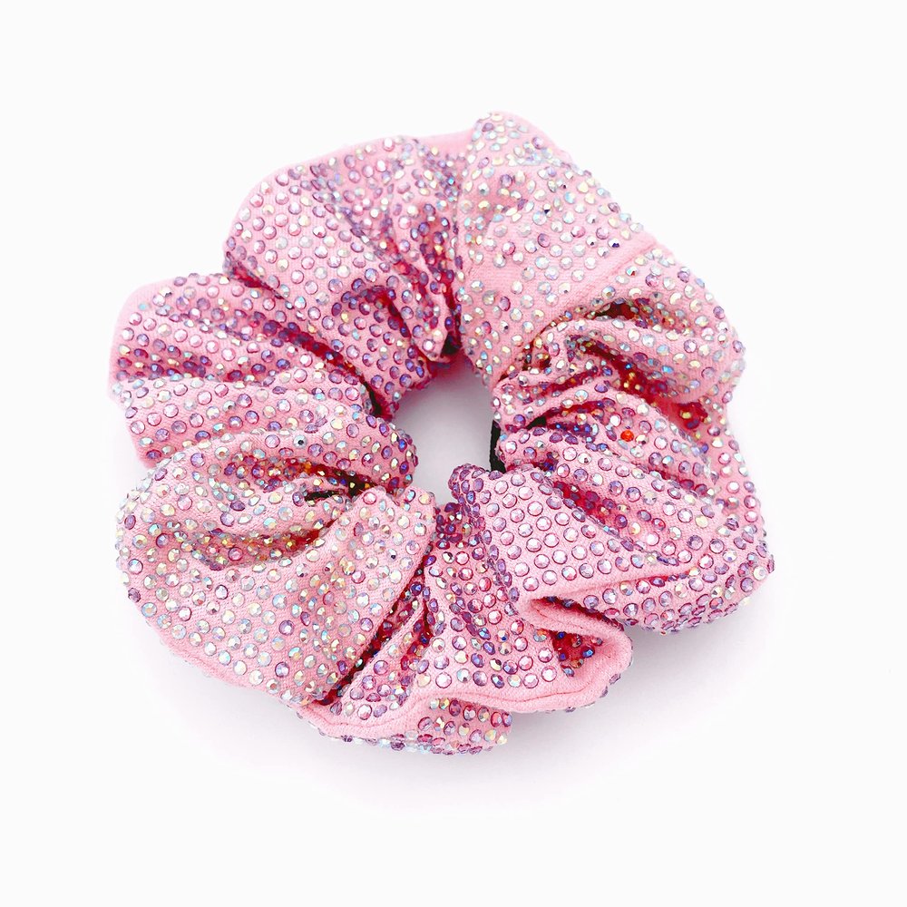 Embellished Sparkly Pink Crystal Scrunchie Hair Tie Ponytail Holder Accessory for Women
