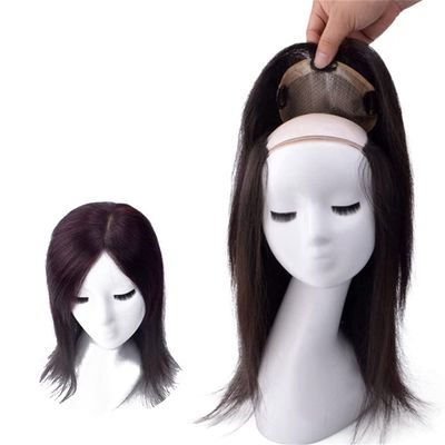 Hand Made Human Hair Crown Topper Hair Piece Clip in Large Silk Base Hair Toppers for Women with Thinning Hair, 16" Chestnut Brown
