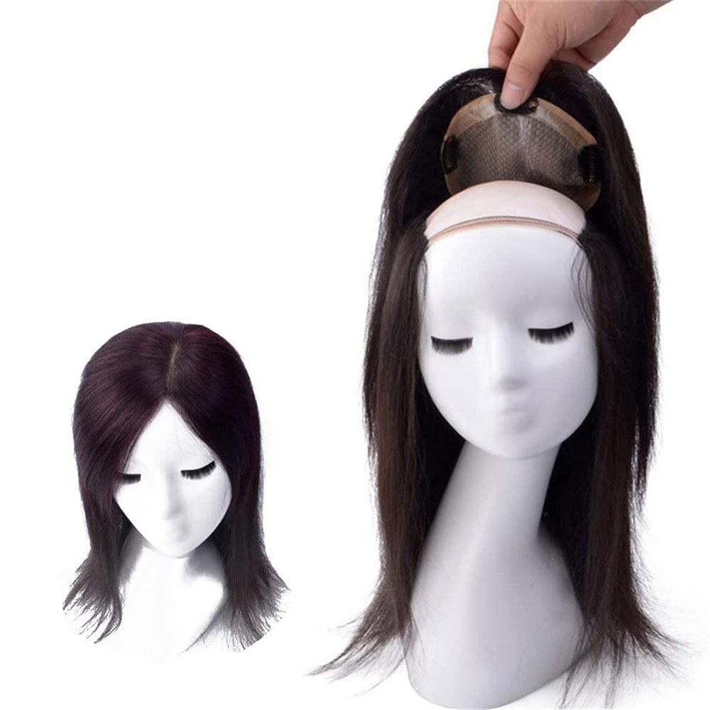 Hand Made Human Hair Crown Topper Hair Piece Clip in Large Silk Base Hair Toppers for Women with Thinning Hair, 16" Chestnut Brown
