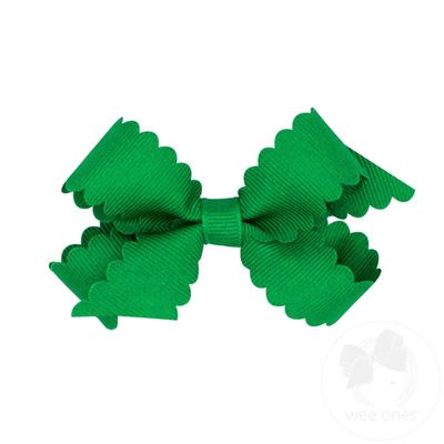 Wee Ones Girls' Classic Grosgrain Hair Bow with Scalloped Edges and Plain Wrap Center on a WeeStay Hair Clip, Mini, Green