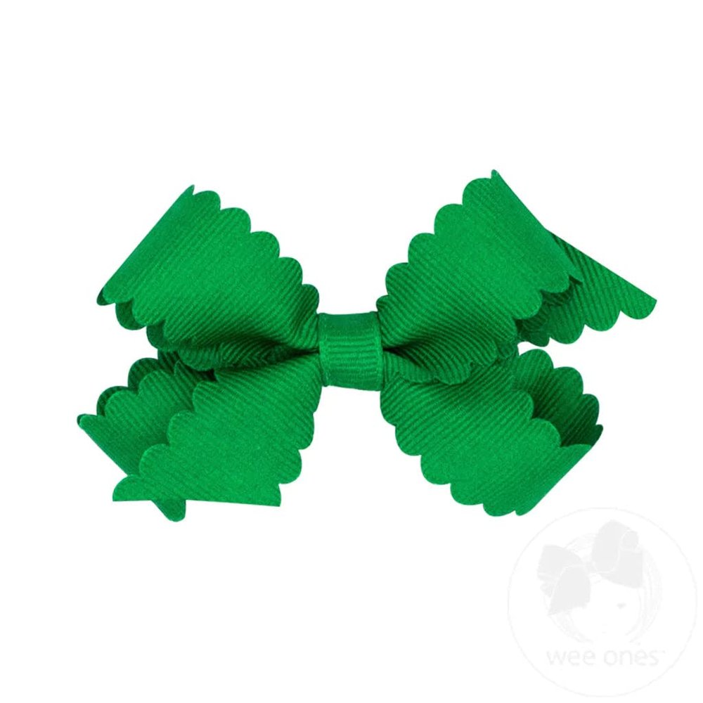 Wee Ones Girls' Classic Grosgrain Hair Bow with Scalloped Edges and Plain Wrap Center on a WeeStay Hair Clip, Mini, Green