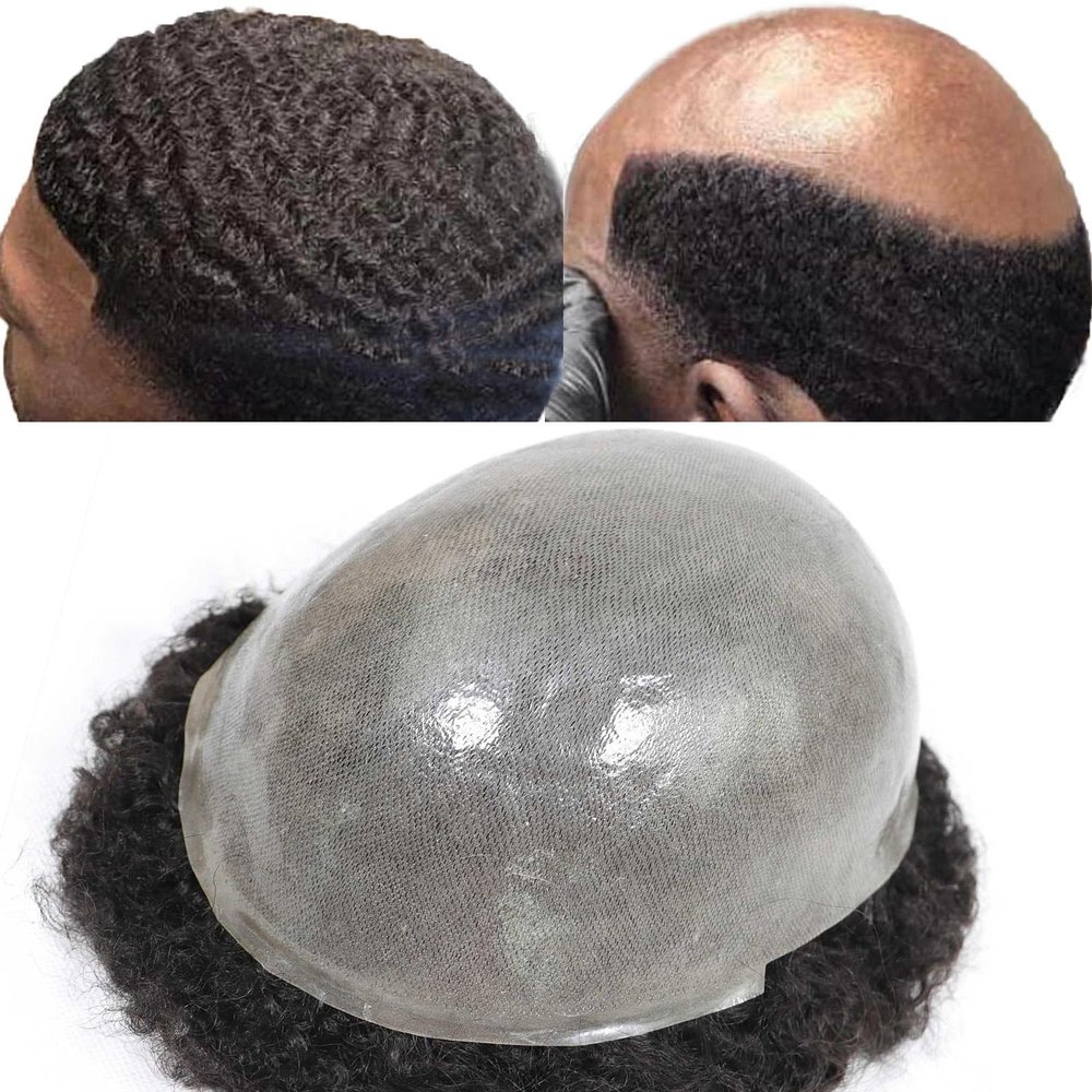 HAPPY&CC 10MM Afro Wave Toupee for Men Mens Hair System Replacement Pieces Thin Skin PU European Virgin Human Hair Male Hairpiece 10x8inch for Black Men #1B Off Black
